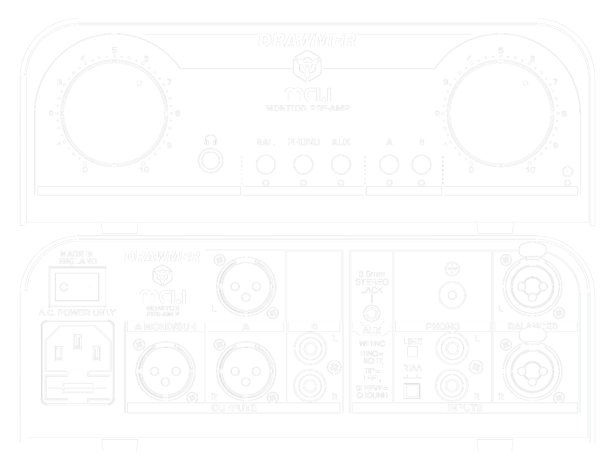 A line drawing of the front and rear panels of the MC1.1 showing controls and connectors